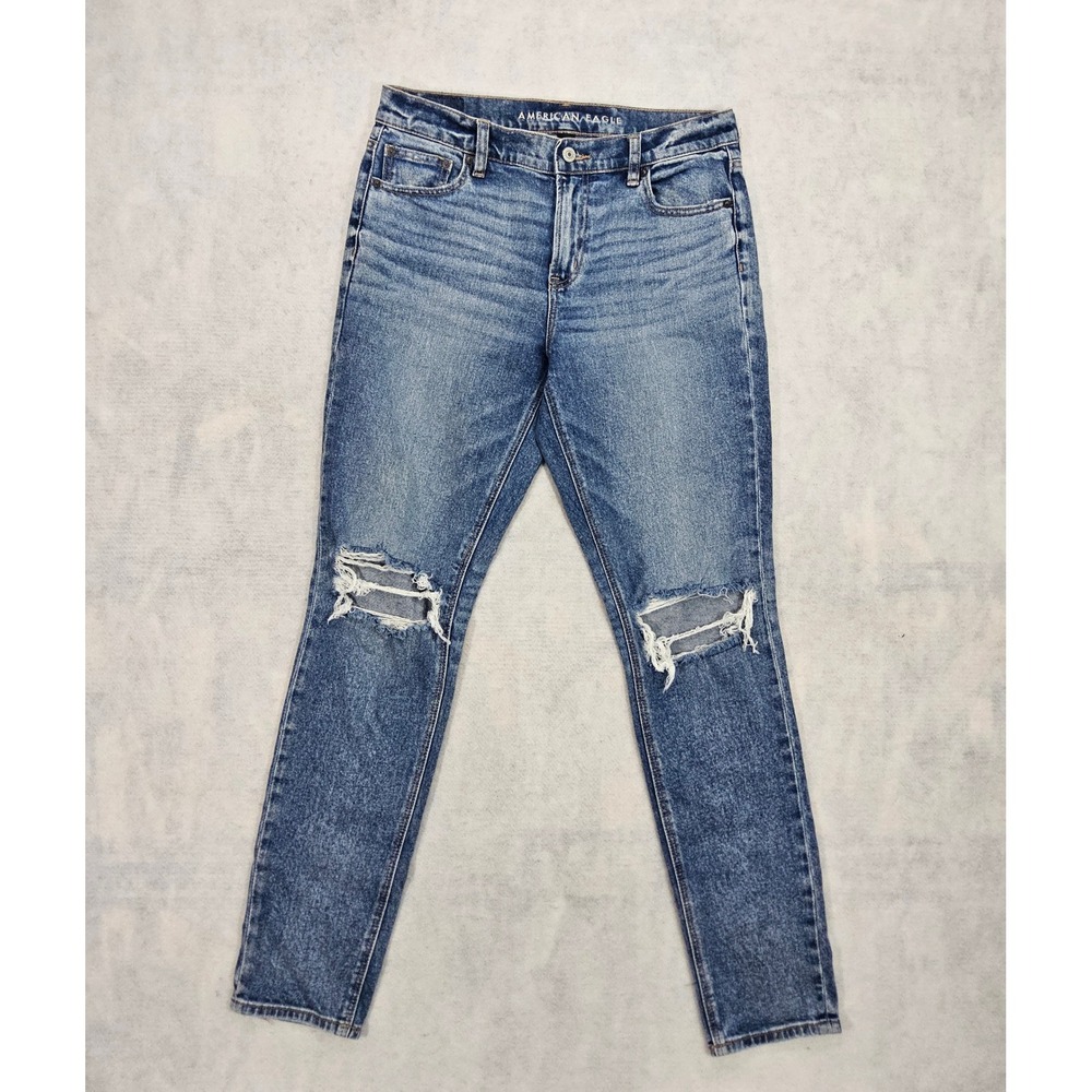 American Eagle Mom Jeans Women 10 X 32 Whisker Wash Distressed Stretch Blue